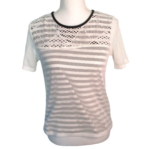 Alfred Dunner Women's Petite Black & White Striped Shirt Mesh Overlay Size PS - Picture 1 of 10